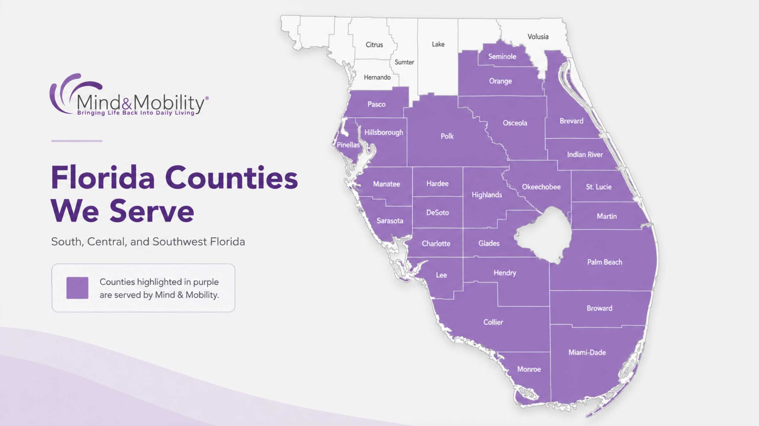 Mind & Mobility map showing Florida counties served in brand purple: Brevard, Broward, Charlotte, Collier, DeSoto, Glades, Hardee, Hendry, Highlands, Hillsborough, Indian River, Lee, Manatee, Martin, Miami-Dade, Monroe, Okeechobee, Orange, Osceola, Palm Beach, Pasco, Pinellas, Polk, Sarasota, Seminole, and St. Lucie counties
